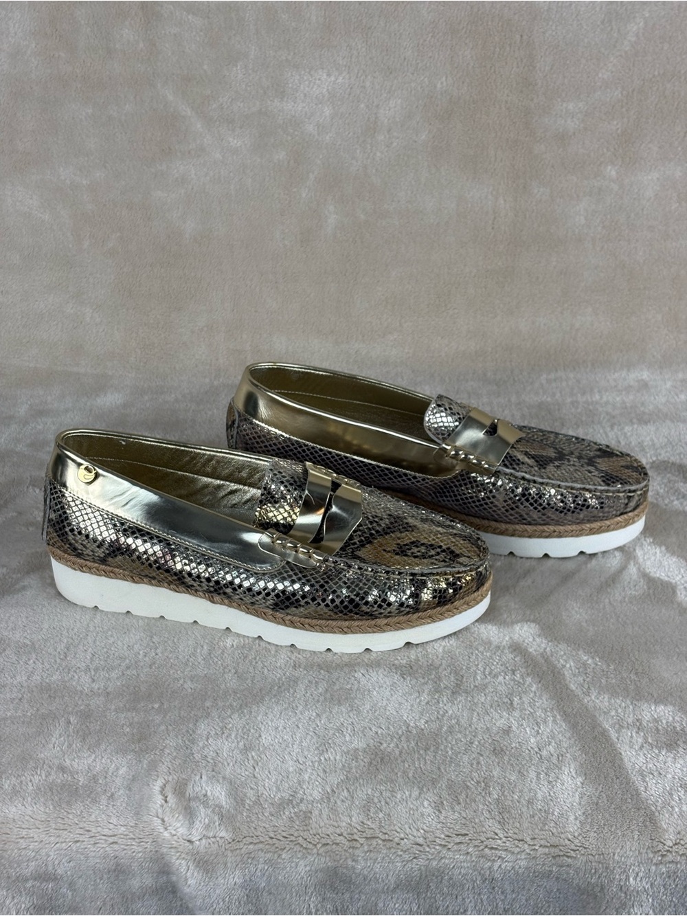 Snake-Print Metallic Loafers in Gold